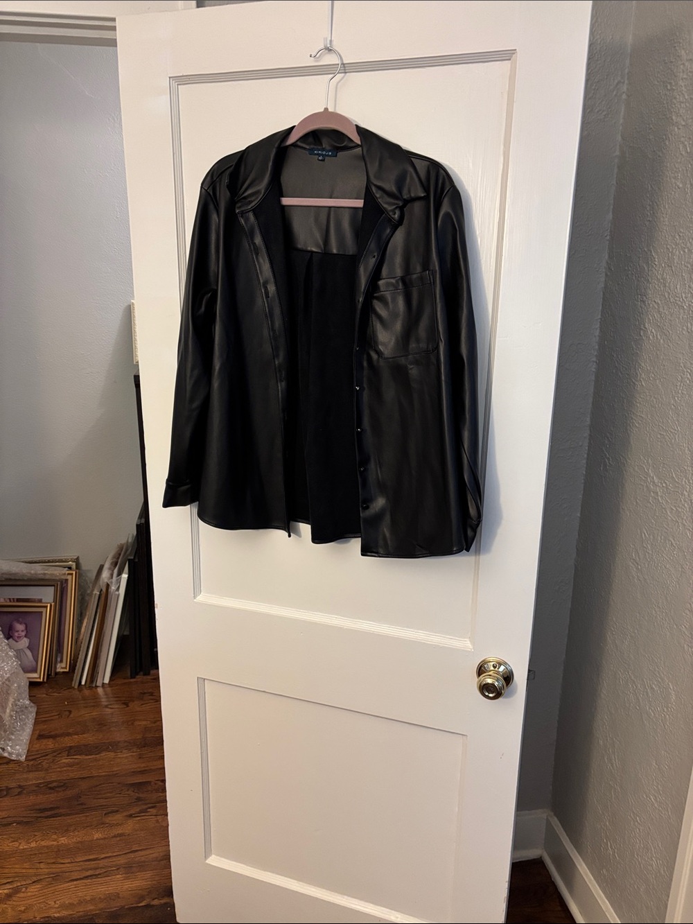 Black Faux Leather Button-Front Jacket with Chest Pocket